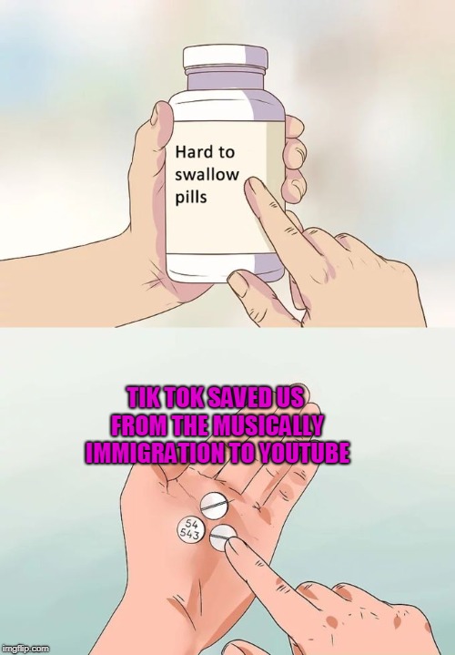 Imagine Tik Tok on Youtube |  TIK TOK SAVED US FROM THE MUSICALLY IMMIGRATION TO YOUTUBE | image tagged in memes,hard to swallow pills,tik tok,musically,immigration | made w/ Imgflip meme maker