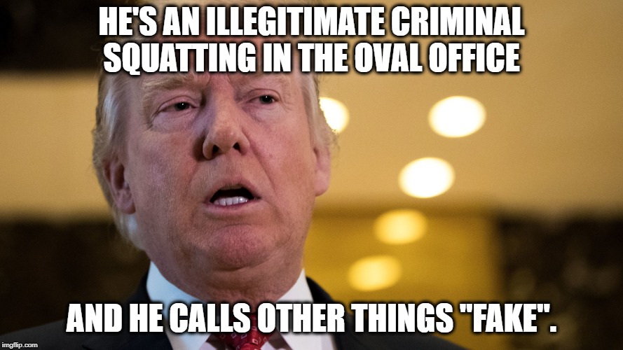 Fakest Thing We Have | HE'S AN ILLEGITIMATE CRIMINAL SQUATTING IN THE OVAL OFFICE; AND HE CALLS OTHER THINGS "FAKE". | image tagged in donald trump,fake news,bomb,traitor,treason,russia | made w/ Imgflip meme maker