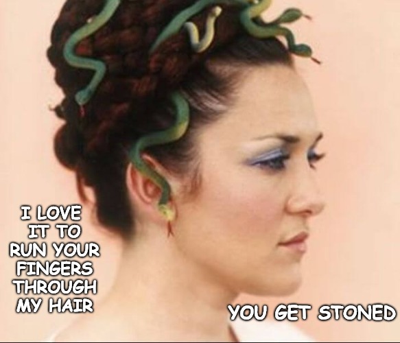 Trick or Treatment | I LOVE IT TO RUN YOUR FINGERS THROUGH MY HAIR; YOU GET STONED | image tagged in medusa,stoned | made w/ Imgflip meme maker