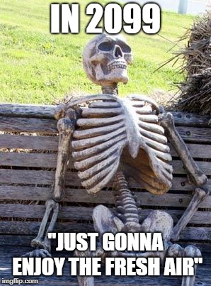 Waiting Skeleton | IN 2099; "JUST GONNA ENJOY THE FRESH AIR" | image tagged in memes,waiting skeleton | made w/ Imgflip meme maker