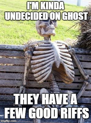 Waiting Skeleton Meme | I'M KINDA UNDECIDED ON GHOST THEY HAVE A FEW GOOD RIFFS | image tagged in memes,waiting skeleton | made w/ Imgflip meme maker