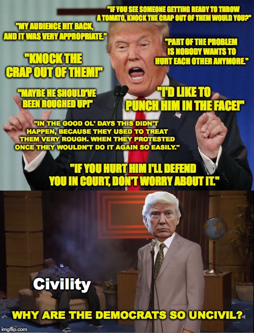 Trump inciting violence | "IF YOU SEE SOMEONE GETTING READY TO THROW A TOMATO, KNOCK THE CRAP OUT OF THEM WOULD YOU?"; "MY AUDIENCE HIT BACK, AND IT WAS VERY APPROPRIATE."; "PART OF THE PROBLEM IS NOBODY WANTS TO HURT EACH OTHER ANYMORE."; "KNOCK THE CRAP OUT OF THEM!"; "I'D LIKE TO PUNCH HIM IN THE FACE!"; "MAYBE HE SHOULD'VE BEEN ROUGHED UP!"; "IN THE GOOD OL' DAYS THIS DIDN'T HAPPEN, BECAUSE THEY USED TO TREAT THEM VERY ROUGH. WHEN THEY PROTESTED ONCE THEY WOULDN'T DO IT AGAIN SO EASILY."; "IF YOU HURT HIM I'LL DEFEND YOU IN COURT, DON'T WORRY ABOUT IT."; Civility; WHY ARE THE DEMOCRATS SO UNCIVIL? | image tagged in donald trump,civility,who killed hannibal,democrats,midterms | made w/ Imgflip meme maker