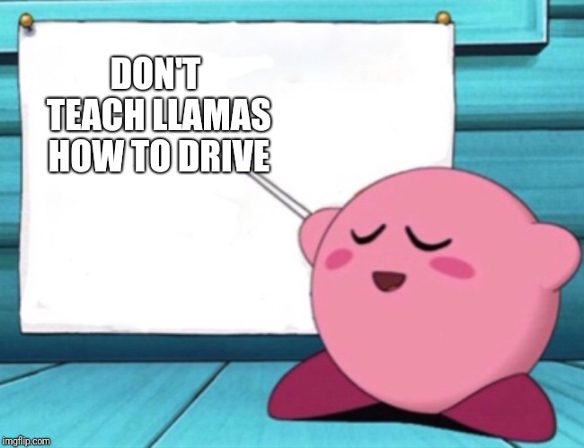 Kirby's lesson | DON'T TEACH LLAMAS HOW TO DRIVE | image tagged in kirby's lesson | made w/ Imgflip meme maker