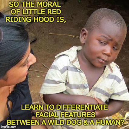 Third World Skeptical Kid Meme | SO THE MORAL OF LITTLE RED RIDING HOOD IS, LEARN TO DIFFERENTIATE FACIAL FEATURES BETWEEN A WILD DOG & A HUMAN? | image tagged in memes,third world skeptical kid | made w/ Imgflip meme maker