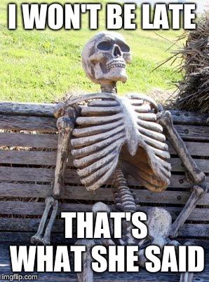 Waiting Skeleton | I WON'T BE LATE; THAT'S WHAT SHE SAID | image tagged in memes,waiting skeleton | made w/ Imgflip meme maker