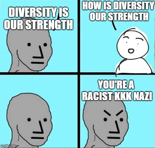 NPC Meme | DIVERSITY IS OUR STRENGTH; HOW IS DIVERSITY OUR STRENGTH; YOU'RE A RACIST KKK NAZI | image tagged in npc meme | made w/ Imgflip meme maker