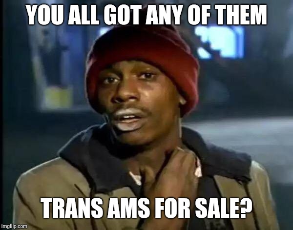 Ws6 for sale | YOU ALL GOT ANY OF THEM; TRANS AMS FOR SALE? | image tagged in ws6 for sale,values,chad orner,trans am for sale,ws6,worth | made w/ Imgflip meme maker
