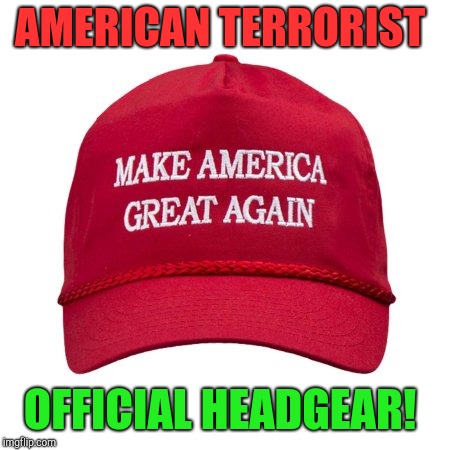 Terrorist headgear!  | AMERICAN TERRORIST; OFFICIAL HEADGEAR! | image tagged in maga,white supremacy,terrorists,kkk,neo-nazis,republicans | made w/ Imgflip meme maker