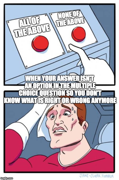 Two Buttons Meme | NONE OF THE ABOVE; ALL OF THE ABOVE; WHEN YOUR ANSWER ISN'T AN OPTION IN THE MULTIPLE CHOICE QUESTION SO YOU DON'T KNOW WHAT IS RIGHT OR WRONG ANYMORE | image tagged in memes,two buttons | made w/ Imgflip meme maker