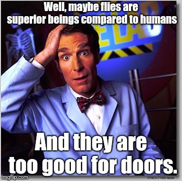 Bill Nye The Science Guy Meme | Well, maybe flies are superior beings compared to humans And they are too good for doors. | image tagged in memes,bill nye the science guy | made w/ Imgflip meme maker