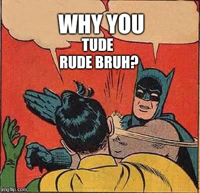 Batman Slapping Robin Meme | WHY YOU; TUDE RUDE BRUH? | image tagged in memes,batman slapping robin | made w/ Imgflip meme maker
