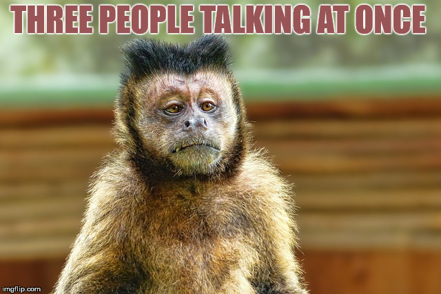 Primate ain't got time for it | THREE PEOPLE TALKING AT ONCE | image tagged in memes,monkey,ain't nobody got time for that,shut up | made w/ Imgflip meme maker