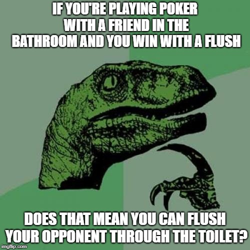 Philosoraptor | IF YOU'RE PLAYING POKER WITH A FRIEND IN THE BATHROOM AND YOU WIN WITH A FLUSH; DOES THAT MEAN YOU CAN FLUSH YOUR OPPONENT THROUGH THE TOILET? | image tagged in memes,philosoraptor | made w/ Imgflip meme maker