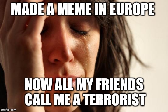 First World Problems | MADE A MEME IN EUROPE; NOW ALL MY FRIENDS CALL ME A TERRORIST | image tagged in memes,first world problems | made w/ Imgflip meme maker