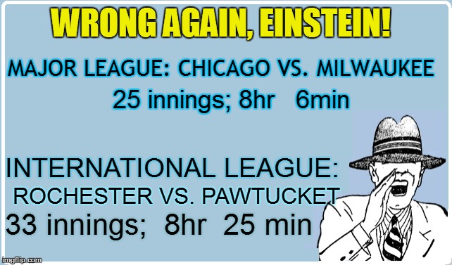MAJOR LEAGUE: CHICAGO VS. MILWAUKEE WRONG AGAIN, EINSTEIN! INTERNATIONAL LEAGUE: ROCHESTER VS. PAWTUCKET 25 innings; 8hr   6min 33 innings;  | made w/ Imgflip meme maker
