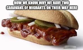 Now we know why thousands of people are on their way here from Honduras. The McRib is back! | NOW WE KNOW WHY WE HAVE TWO CARAVANS OF MIGRANTS ON THEIR WAY HERE | image tagged in mcrib,migrant caravans | made w/ Imgflip meme maker