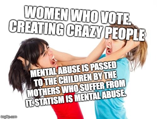 kidsfight | WOMEN WHO VOTE. CREATING CRAZY PEOPLE; MENTAL ABUSE IS PASSED TO THE CHILDREN BY THE MOTHERS WHO SUFFER FROM IT. STATISM IS MENTAL ABUSE. | image tagged in kidsfight | made w/ Imgflip meme maker