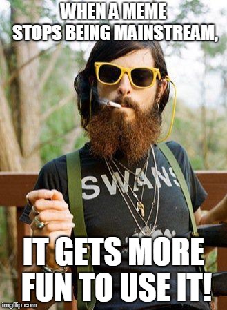 Hipster | WHEN A MEME STOPS BEING MAINSTREAM, IT GETS MORE FUN TO USE IT! | image tagged in hipster | made w/ Imgflip meme maker