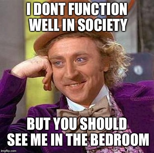 Creepy Condescending Wonka Meme | I DONT FUNCTION WELL IN SOCIETY; BUT YOU SHOULD SEE ME IN THE BEDROOM | image tagged in memes,creepy condescending wonka | made w/ Imgflip meme maker