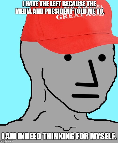 They call the left the real NPCs here. What a hypocritical claim. XD | I HATE THE LEFT BECAUSE THE MEDIA AND PRESIDENT TOLD ME TO. I AM INDEED THINKING FOR MYSELF. | image tagged in maga npc,npc,maga,memes,stupid conservatives,liberals | made w/ Imgflip meme maker