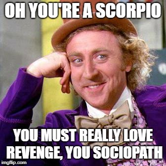 Willy Wonka Blank | OH YOU'RE A SCORPIO; YOU MUST REALLY LOVE REVENGE, YOU SOCIOPATH | image tagged in willy wonka blank | made w/ Imgflip meme maker