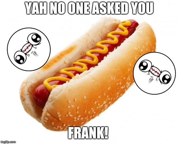 Hot dog  | YAH NO ONE ASKED YOU; FRANK! | image tagged in hot dog | made w/ Imgflip meme maker