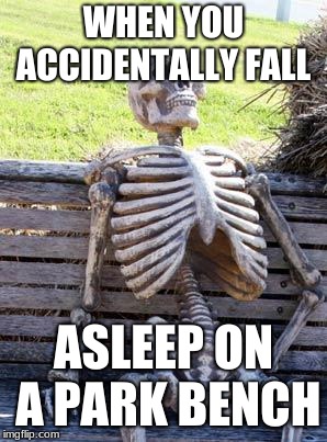 Waiting Skeleton Meme | WHEN YOU ACCIDENTALLY FALL; ASLEEP ON A PARK BENCH | image tagged in memes,waiting skeleton | made w/ Imgflip meme maker