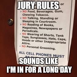 JURY RULES SOUNDS LIKE I'M IN FOR A LONG DAY | made w/ Imgflip meme maker