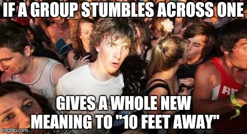 Sudden Clarity Clarence Meme | IF A GROUP STUMBLES ACROSS ONE GIVES A WHOLE NEW MEANING TO "10 FEET AWAY" | image tagged in memes,sudden clarity clarence | made w/ Imgflip meme maker