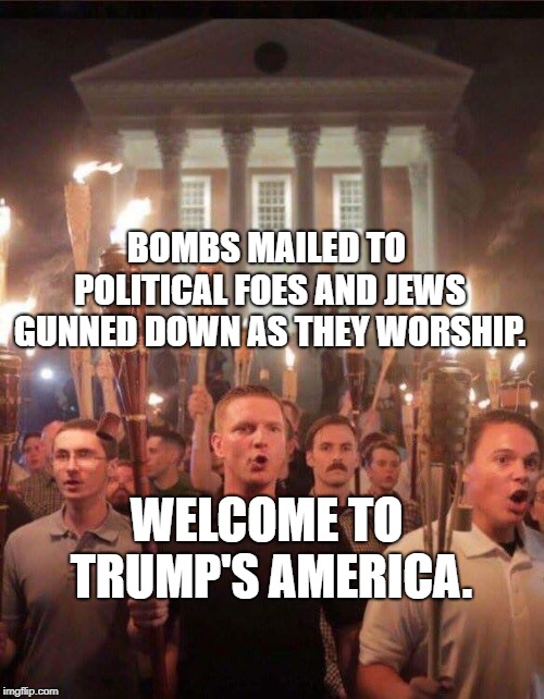 Tiki torch racist | BOMBS MAILED TO POLITICAL FOES AND JEWS GUNNED DOWN AS THEY WORSHIP. WELCOME TO TRUMP'S AMERICA. | image tagged in tiki torch racist | made w/ Imgflip meme maker