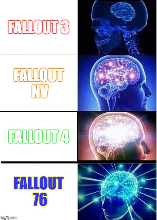Expanding Brain Meme | FALLOUT 3; FALLOUT NV; FALLOUT 4; FALLOUT 76 | image tagged in memes,expanding brain | made w/ Imgflip meme maker