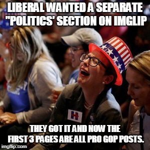 personally,I like the old imgflip better  | LIBERAL WANTED A SEPARATE "POLITICS' SECTION ON IMGLIP; THEY GOT IT AND NOW THE FIRST 3 PAGES ARE ALL PRO GOP POSTS. | image tagged in crying liberal,imgflip users | made w/ Imgflip meme maker