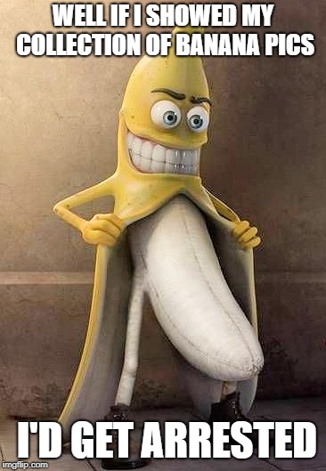 flasher banana | WELL IF I SHOWED MY COLLECTION OF BANANA PICS I'D GET ARRESTED | image tagged in flasher banana | made w/ Imgflip meme maker