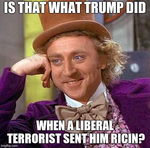 Creepy Condescending Wonka Meme | IS THAT WHAT TRUMP DID WHEN A LIBERAL TERRORIST SENT HIM RICIN? | image tagged in memes,creepy condescending wonka | made w/ Imgflip meme maker