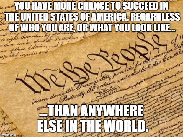 Constitution | YOU HAVE MORE CHANCE TO SUCCEED IN THE UNITED STATES OF AMERICA, REGARDLESS OF WHO YOU ARE, OR WHAT YOU LOOK LIKE... ...THAN ANYWHERE ELSE IN THE WORLD. | image tagged in constitution | made w/ Imgflip meme maker