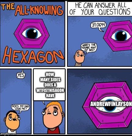 all knowing hexagon | HOW MANY SIDES DOES A WTFISTHISAGON HAVE ANDREWFINLAYSON | image tagged in all knowing hexagon | made w/ Imgflip meme maker