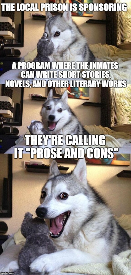 Bad Pun Dog Meme | THE LOCAL PRISON IS SPONSORING; A PROGRAM WHERE THE INMATES CAN WRITE SHORT STORIES, NOVELS, AND OTHER LITERARY WORKS; THEY'RE CALLING IT "PROSE AND CONS" | image tagged in memes,bad pun dog | made w/ Imgflip meme maker