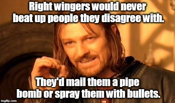 That's what civility is all about. | Right wingers would never beat up people they disagree with. They'd mail them a pipe bomb or spray them with bullets. | image tagged in memes,one does not simply,pipe bomb,bullets,right | made w/ Imgflip meme maker