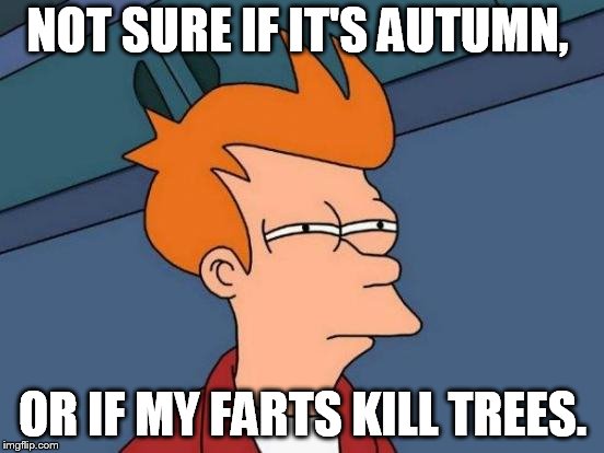 Futurama Fry Meme | NOT SURE IF IT'S AUTUMN, OR IF MY FARTS KILL TREES. | image tagged in memes,futurama fry | made w/ Imgflip meme maker