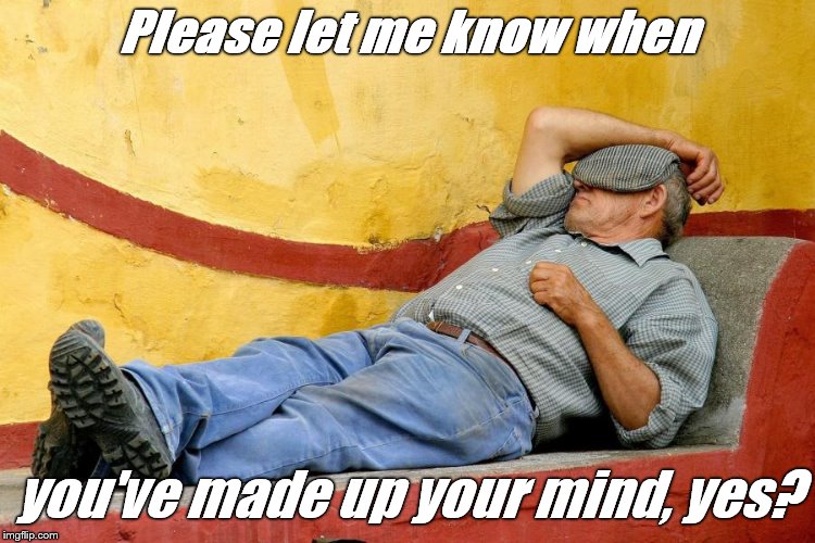 siesta | Please let me know when you've made up your mind, yes? | image tagged in siesta | made w/ Imgflip meme maker
