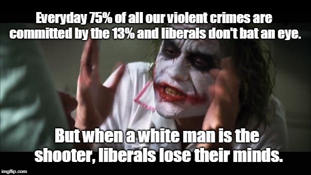Math is hard... wah.... | Everyday 75% of all our violent crimes are committed by the 13% and liberals don't bat an eye. But when a white man is the shooter, liberals lose their minds. | image tagged in memes,and everybody loses their minds,fbi stats | made w/ Imgflip meme maker