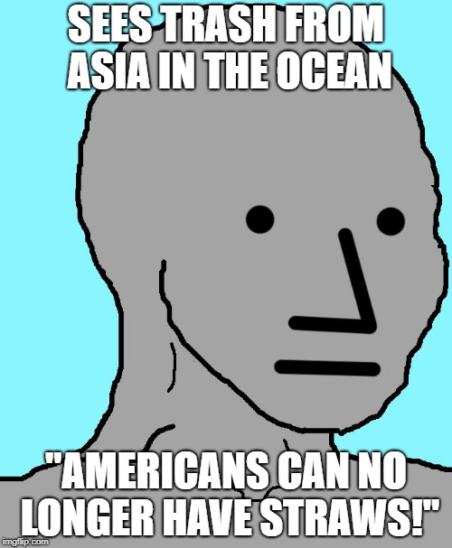 Eco-NPC Man | SEES TRASH FROM ASIA IN THE OCEAN; "AMERICANS CAN NO LONGER HAVE STRAWS!" | image tagged in npc,straws,ocean garbage | made w/ Imgflip meme maker