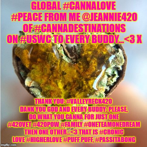 GLOBAL #CANNALOVE #PEACE FROM ME @JEANNIE420 OF #CANNADESTINATIONS ON #USWC TO EVERY BUDDY...<3 X; THANK YOU; #VALLEYRECK420 DANK YOU GOD AND EVERY BUDDY; PLEASE, DO WHAT YOU CANNA FOR JUST ONE #420VET #420POW #FAMILY #ONETEAMONEDREAM THEN ONE OTHER...<3 THAT IS #CRONIC LOVE #HIGHERLOVE #PUFF PUFF, #PASSITABONG | image tagged in global canna love from me to every buddy | made w/ Imgflip meme maker
