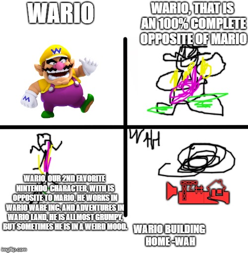 Blank Starter Pack Meme |  WARIO, THAT IS AN 100% COMPLETE OPPOSITE OF MARIO; WARIO; WAH; WARIO, OUR 2ND FAVORITE NINTENDO  CHARACTER, WITH IS OPPOSITE TO MARIO, HE WORKS IN WARIO WARE INC. AND ADVENTURES IN WARIO LAND, HE IS ALLMOST GRUMPY, BUT SOMETIMES HE IS IN A WEIRD MOOD. WARIO BUILDING HOME -WAH | image tagged in memes,blank starter pack | made w/ Imgflip meme maker