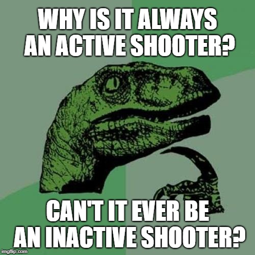 Philosoraptor | WHY IS IT ALWAYS AN ACTIVE SHOOTER? CAN'T IT EVER BE AN INACTIVE SHOOTER? | image tagged in memes,philosoraptor | made w/ Imgflip meme maker