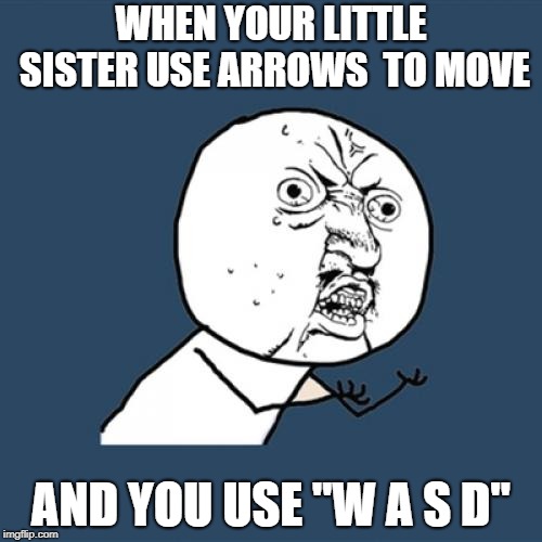 Y U No Meme | WHEN YOUR LITTLE SISTER USE ARROWS  TO MOVE; AND YOU USE "W A S D" | image tagged in memes,y u no | made w/ Imgflip meme maker