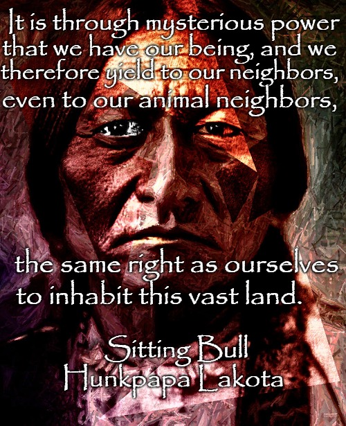 Sitting Bull | It is through mysterious power; that we have our being, and we; therefore yield to our neighbors, even to our animal neighbors, the same right as ourselves; to inhabit this vast land. Sitting Bull; Hunkpapa Lakota | image tagged in native american,native americans,indians,indian chief,indian chiefs,tribe | made w/ Imgflip meme maker
