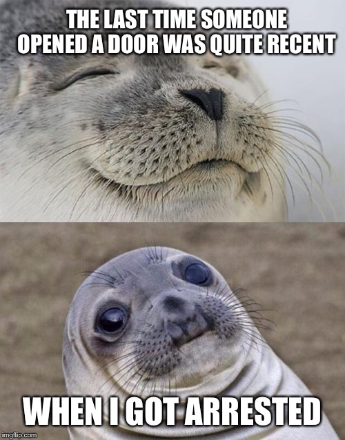 Lmao Why This Seal in Trouble? | THE LAST TIME SOMEONE OPENED A DOOR WAS QUITE RECENT; WHEN I GOT ARRESTED | image tagged in memes,short satisfaction vs truth,arrested,police car,open door | made w/ Imgflip meme maker