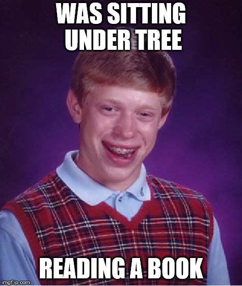Bad Luck Brian Meme | WAS SITTING UNDER TREE READING A BOOK | image tagged in memes,bad luck brian | made w/ Imgflip meme maker
