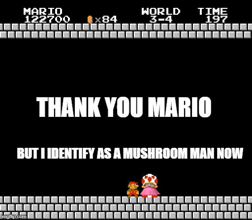 Princess Toadstool | THANK YOU MARIO; BUT I IDENTIFY AS A MUSHROOM MAN NOW | image tagged in thank you mario,princess,toad | made w/ Imgflip meme maker
